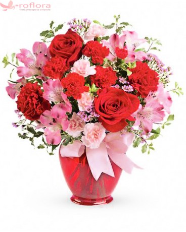 Charisma - Buchet trandafiri rosii, garofite, alstroemeria, garoafe