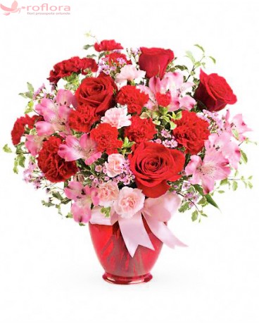 Charisma Deluxe - Buchet trandafiri rosii, garofite, alstroemeria, garoafe