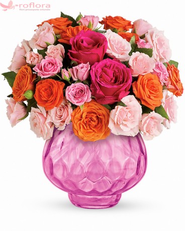Pure Joy – Buchet cu trandafiri roz si portocalii