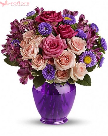Purple shine - Buchet din trandafiri, crizanteme si alstroemeria