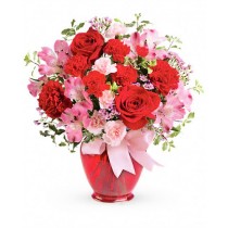 Charisma - Buchet trandafiri rosii, garofite, alstroemeria, garoafe